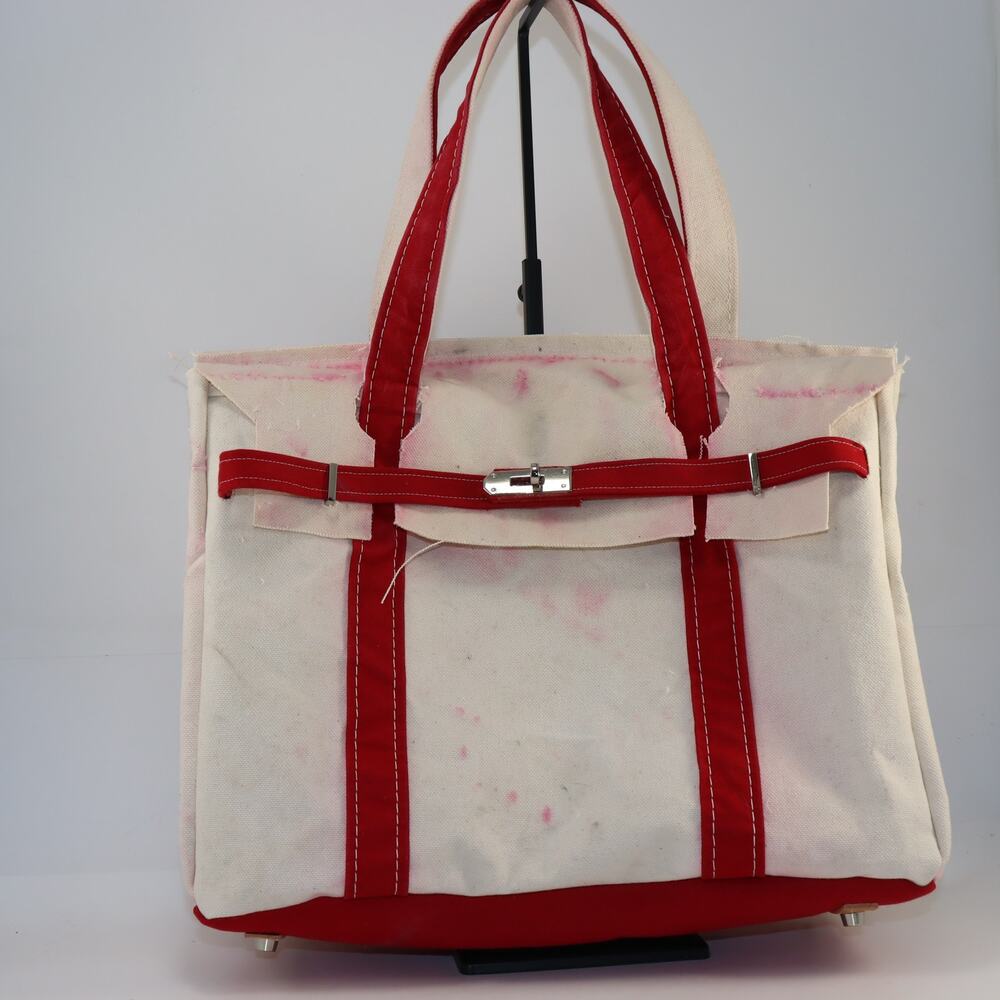 LL Bean Boat and Tote Upcycled Bag Womens Medium White Red Fair‎ Canvas Labrador